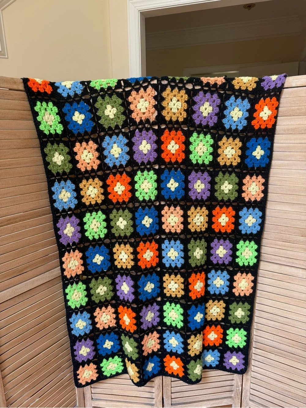 Vintage Handmade Black Granny Square Crochet Blanket 64” x 38”